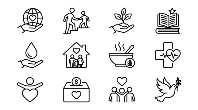 Detailed set of monochrome vector line icons for waste segregation and recycling, illustrating various categories such as paper, plastic, glass, organic, electronics, and hazardous waste streams