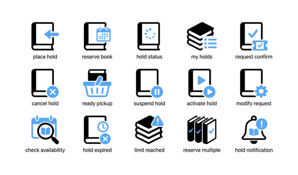Library hold icons showing reservations and status on white