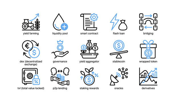 Decentralized finance icons showing yield farming and lending on white
