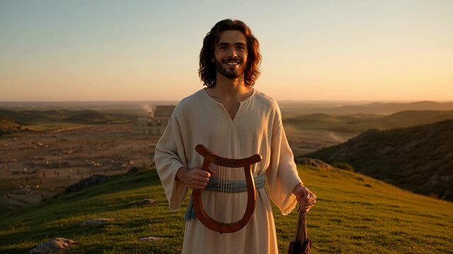 Biblical Shepherd David Holding a Lyre Harp During a Golden Sunset