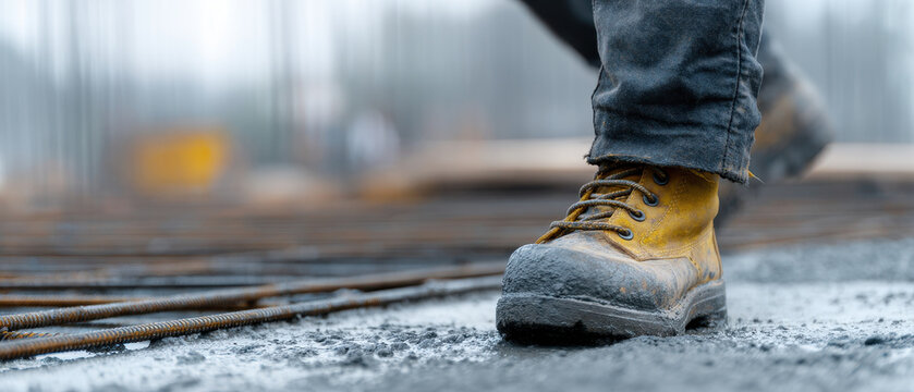 Construction worker boot yellow steel toe safety construction site rebar closeup protective footwear workwear outdoor rugged durable industrial worker jeans dirt mud walking building jobsite