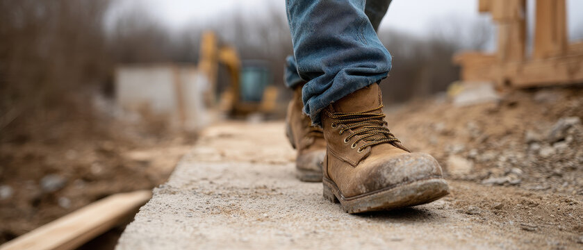 Worker boot mud construction outdoor dirt safety footwear jeans rugged closeup walking site protective brown durable heavy equipment manual labor strong ground rough work industrial sturdy worker