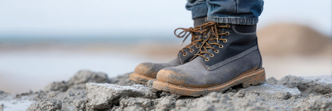 Dirty boots worker mud outdoor construction rugged footwear jeans wet shallow standing protective durable worksite safety leather lace up strong male adult manual labor industrial messy ground
