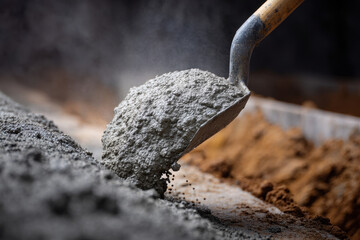 Fototapeta premium Shovel lifting wet concrete mixture at construction site, close up of heavy gray cement being moved by worker, industrial building process, hard work, focus on texture and material