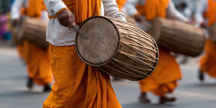 A vibrant cultural celebration featuring a performer in traditional attire playing a large drum, representing rhythm, tradition, and cultural heritage.