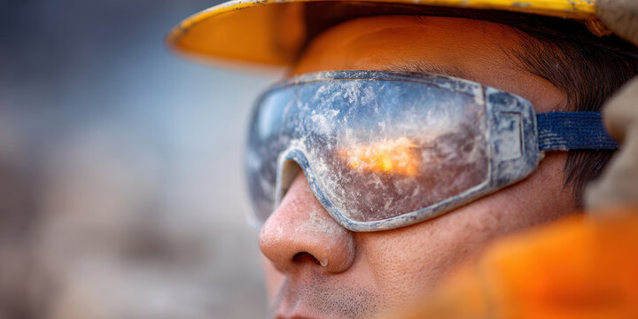 Extreme close up worker safety goggles protective eyewear construction male helmet dirty reflection outdoor Extreme close up of male construction worker wearing dirty safety goggles and yellow