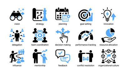 Fototapeta premium Leadership and management concept icons showing strategy and planning