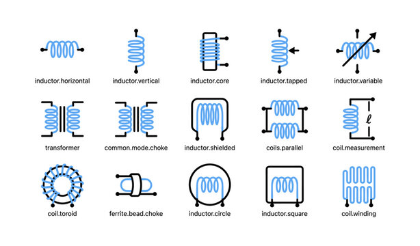Electronic inductor and coil symbols arranged in grid layout