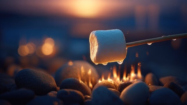 Confectionery item carefully toasted over small bright flames near dark stones outdoors at twilight