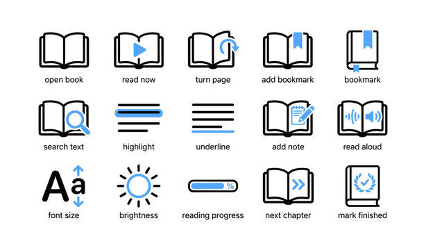 Reading feature icons arranged in grid on white background