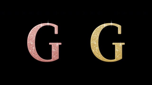 Letter G glitter animated on transparent background. Gold and rose gold alphabets sparkling motion graphic with alpha channel.