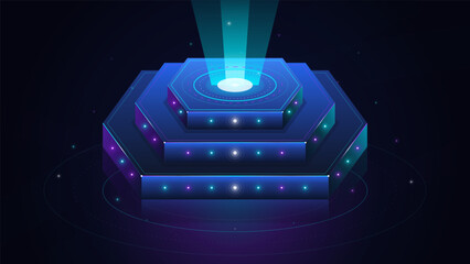 Futuristic hexagonal hologram platform with glowing blue neon lights, upward projection beam, orbit rings, and dark space background template © Антон Сальников