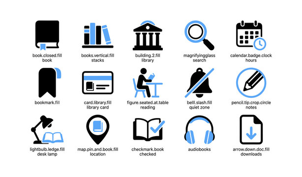 Library and reading icons arranged in labeled grid on background