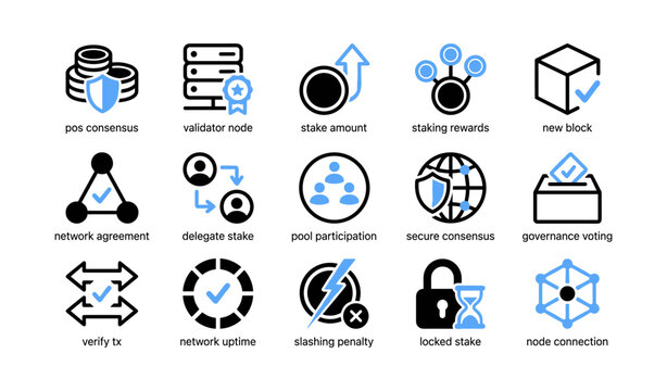 Proof of stake icons illustrating staking concepts on white background