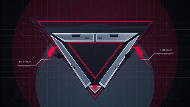 Futuristic red neon triangular HUD emblem with metallic angular frame, system callouts, node markers and dark sci-fi grid background layout