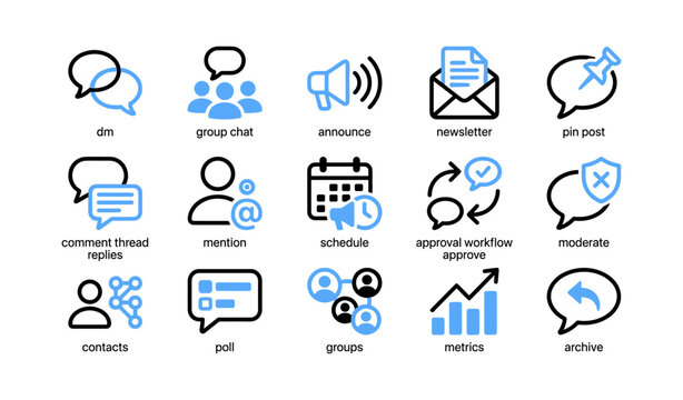 Communication icons grid showing chat newsletter and moderation