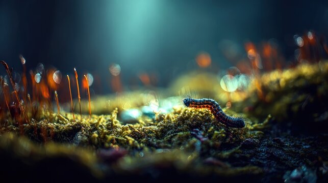 Tiny hairy larva crawls across damp moss illuminated by dramatic low light