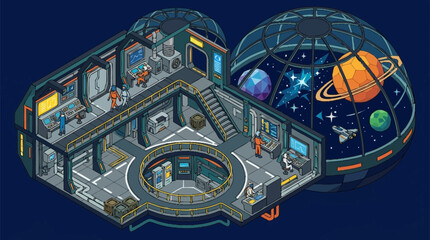 a futuristic space station interior with a large dome window showing planets. © Syakilla