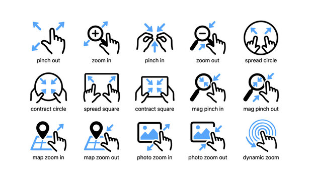 Touch gesture icons showing pinch zoom map and photo interactions