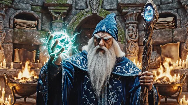 Elderly wizard in a blue robe stands beneath a stone archway in an ancient ritual chamber, clutching a glowing staff amid braziers, candles, and arcane runes.