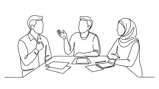 Business meeting continuous line art vector illustration of diverse corporate team talking at table