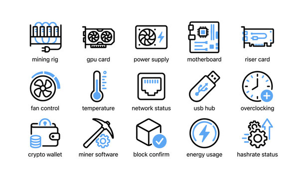 Cryptocurrency mining components and status icons on white background