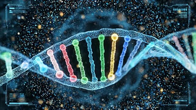 High-resolution 3D visualization of DNA double helix with illuminated nucleotide base pairs in a molecular environment showcasing genetics, genome sequencing and biotechnology