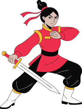 Brave Female Heroine Vector Character Design with Traditional Asian Inspired Clothing and Modern Flat Art Style