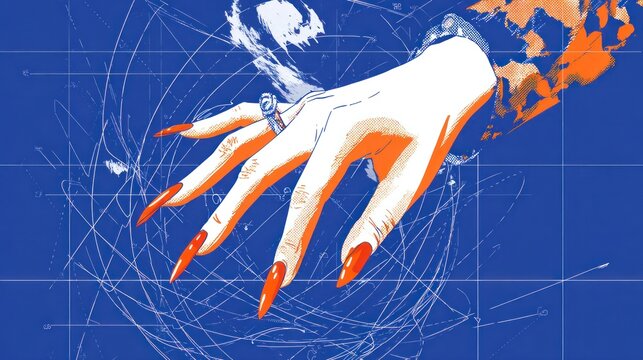 Stylized illustration depicts a manicured hand with long nails overlaying an abstract blueprint design