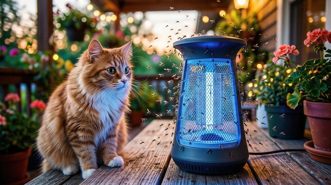 Ginger cat sitting next to an electric mosquito trap on a wooden porch. Insect repellent device with glowing blue light attracting pests. Summer pest control and home safety concept.