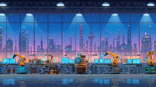 Automated manufacturing facility operates inside a modern building overlooking a sprawling futuristic cityscape at twilight.
