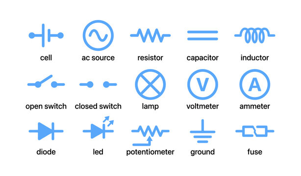 Electronic component symbols arranged in labeled grid on white