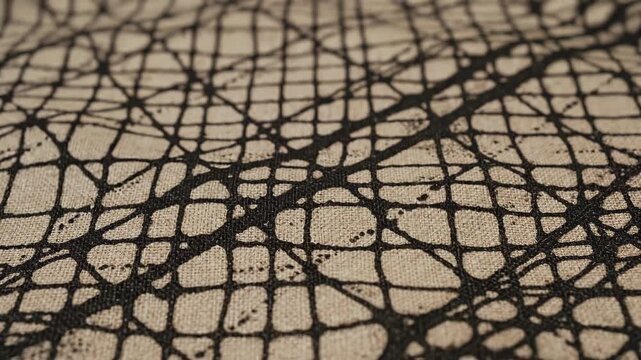 Close-up of a textured beige canvas with abstract black paint splatter and intersecting drip lines forming a web-like grid pattern highlighting surface detail