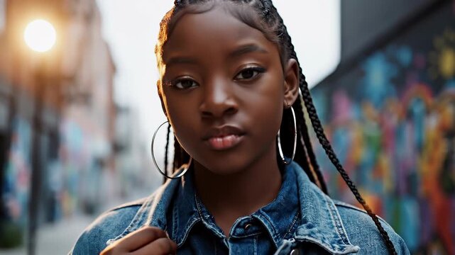 Confident female portrait in denim jacket and matching outfit with braided hair and hoop earrings, posing in an urban alley with vibrant graffiti murals and evening lighting