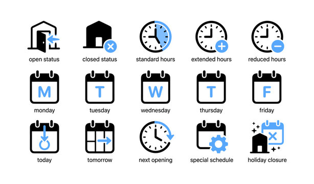 Business hours and status icons displayed on white background