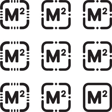 Collection of m2 square icons with varied border styles for area measurement and real estate applications on transparent grid.