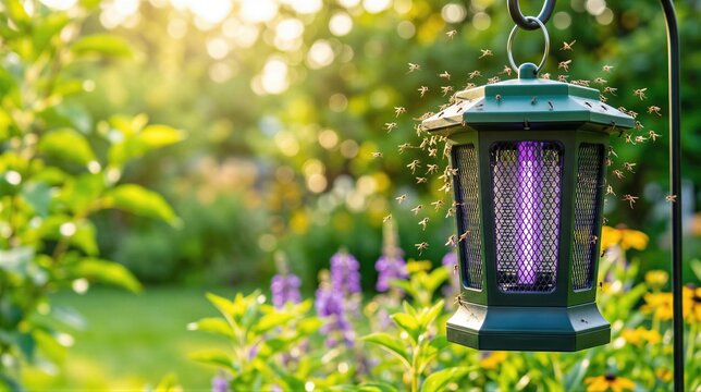 Electric mosquito zapper hanging in garden to attract and eliminate flying insects. Outdoor pest control device with ultraviolet light for effective summer backyard bug protection.