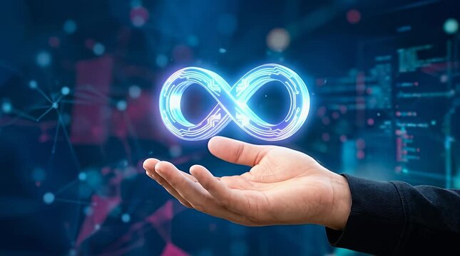 Digital Infinity Symbol Hologram in Hand Against Technology Background