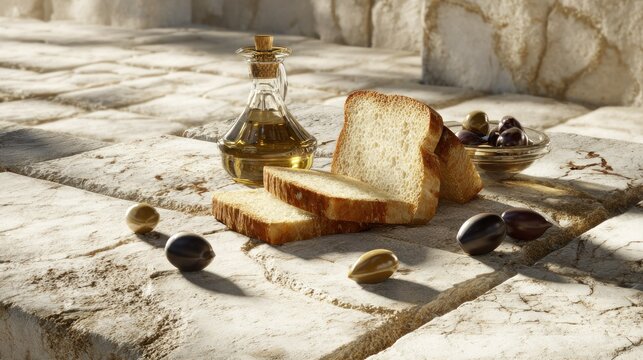 Sliced bread and olives rest near a cruet of oil upon rough hewn stone pavement under bright daylight.