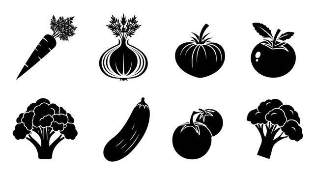 Collection of stylized black and white vegetable silhouettes arranged in two rows.