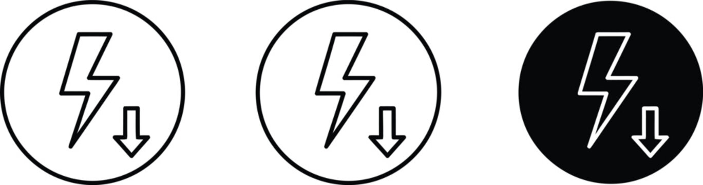 Lightning bolt arrow down icons set for energy efficiency and power reduction concepts with lightning efficiency reduction consumption electricity business industrial