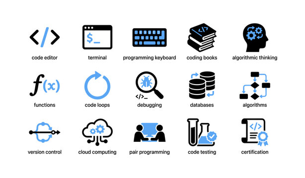 Programming and coding concept icons in a grid layout