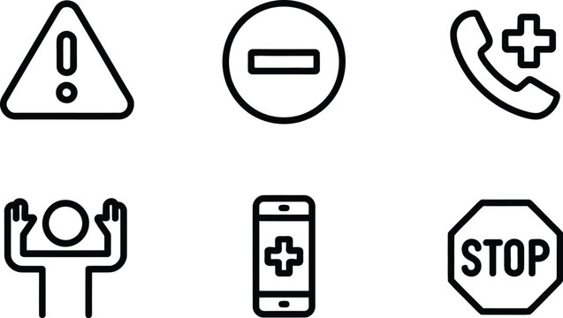 Minimalist black outline emergency icons vector set featuring caution triangle minus sign medical telephone person with hands up smartphone and stop