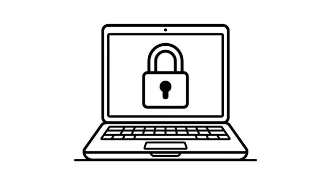 A line drawing depicts a laptop with a padlock on its screen indoors.