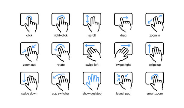 Touch gesture icons showing click swipe zoom and drag actions panel