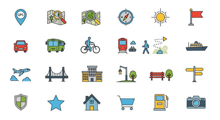 Fototapeta premium Travel Icons: Navigation, Transport, Buildings, and More