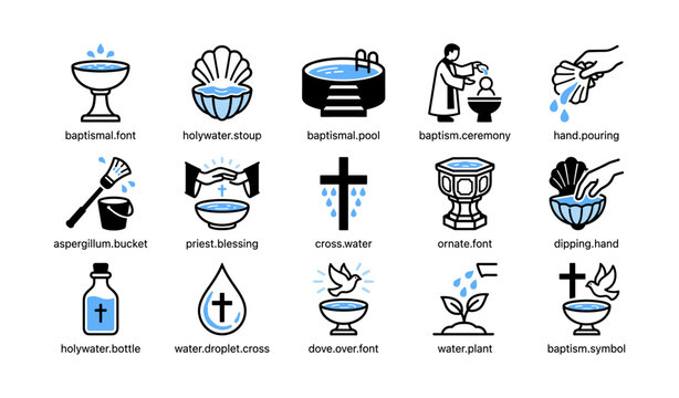 Baptism and holy water icons depicting rituals and symbols