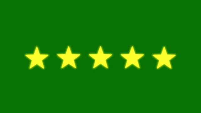 Golden glitter with rating icon animation, customer feedback, stars shine effect, blinking light effect on transparent green background, 5 star rating 4k animation