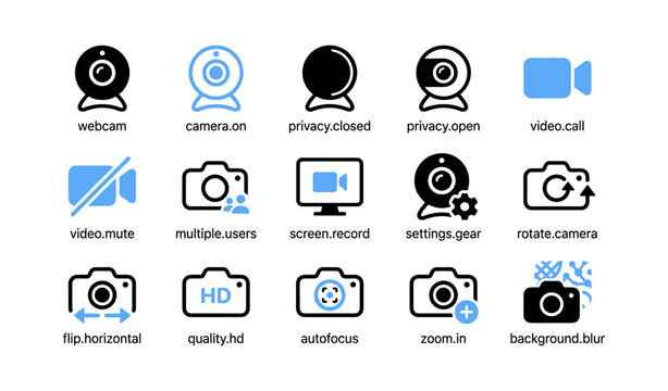 Webcam and camera icons depicting video and privacy controls