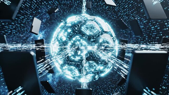Digital sphere with floating devices emphasizing network speed and cloud computing